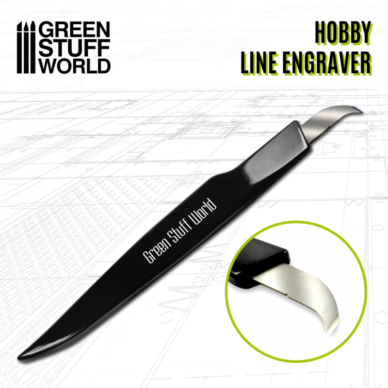 Hobby Line Engraver - czarny grawer GSW z zakrzywionym ostrzem, infografika z logo Green Stuff World | Green Stuff World

