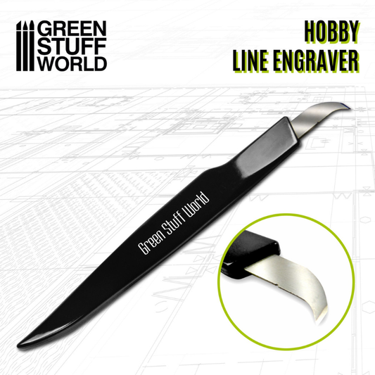Hobby Line Engraver - czarny grawer GSW z zakrzywionym ostrzem, infografika z logo Green Stuff World | Green Stuff World
