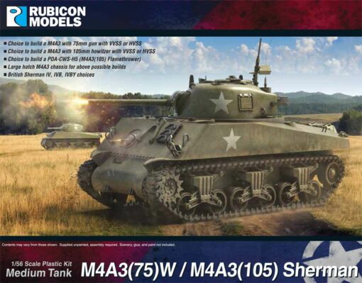 Rubicon Models 280111 M4A3(75)W / M4A3(105) Sherman – zmontowany i pomalowany model plastikowy 1/56 28mm: amerykański czołg średni Sherman oliwkowozielony z białą gwiazdą na wieży, armata 75mm M3, zawieszenie VVSS, jedzie przez pole, drugi Sherman w tle, pudełko Rubicon Models M4A3(75)W / M4A3(105) Sherman Bolt Action 28mm