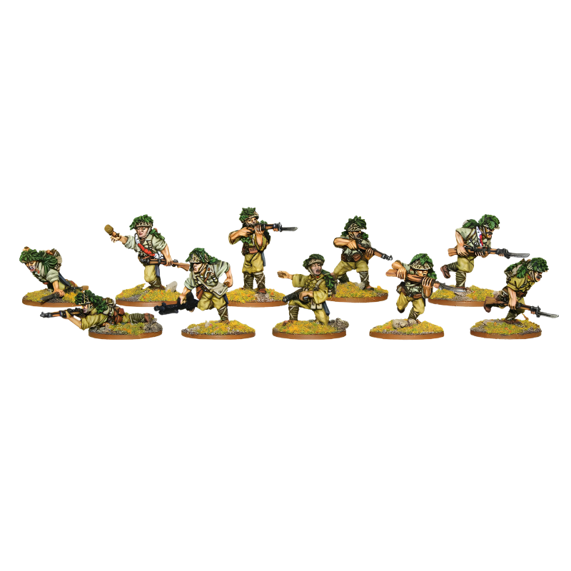 Imperial Japanese Army Veteran Infantry Squad - Bolt Action 28mm - kompletny oddział 10 pomalowanych figurek: NCO z pistoletem maszynowym, 7 strzelców z karabinami Arisaka, 2-osobowy zespół LMG - mundury khaki z podstawkami dżungli - skala 1/56 - pomalowane przez Andrés Amián Fernández - Warlord Games