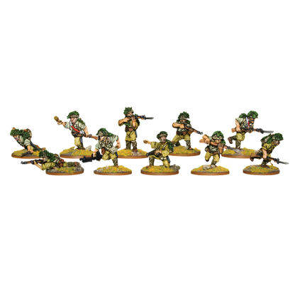 Imperial Japanese Army Veteran Infantry Squad - Bolt Action 28mm - kompletny oddział 10 pomalowanych figurek: NCO z pistoletem maszynowym, 7 strzelców z karabinami Arisaka, 2-osobowy zespół LMG - mundury khaki z podstawkami dżungli - skala 1/56 - pomalowane przez Andrés Amián Fernández - Warlord Games