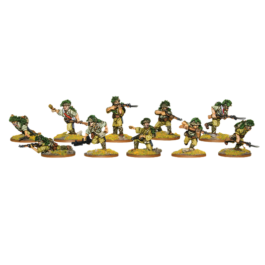 Imperial Japanese Army Veteran Infantry Squad - Bolt Action 28mm - kompletny oddział 10 pomalowanych figurek: NCO z pistoletem maszynowym, 7 strzelców z karabinami Arisaka, 2-osobowy zespół LMG - mundury khaki z podstawkami dżungli - skala 1/56 - pomalowane przez Andrés Amián Fernández - Warlord Games