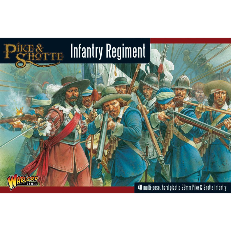 Infantry Regiment Pike & Shotte - okładka pudełka z ilustracją oficera w czerwonym mundurze z szablą i muszkieterów w niebieskich mundurach strzelających z muszkietów i pikinierów z pikami - napis 40 multi-pose hard plastic 28mm Pike & Shotte Infantry - Warlord Games WGP-22
