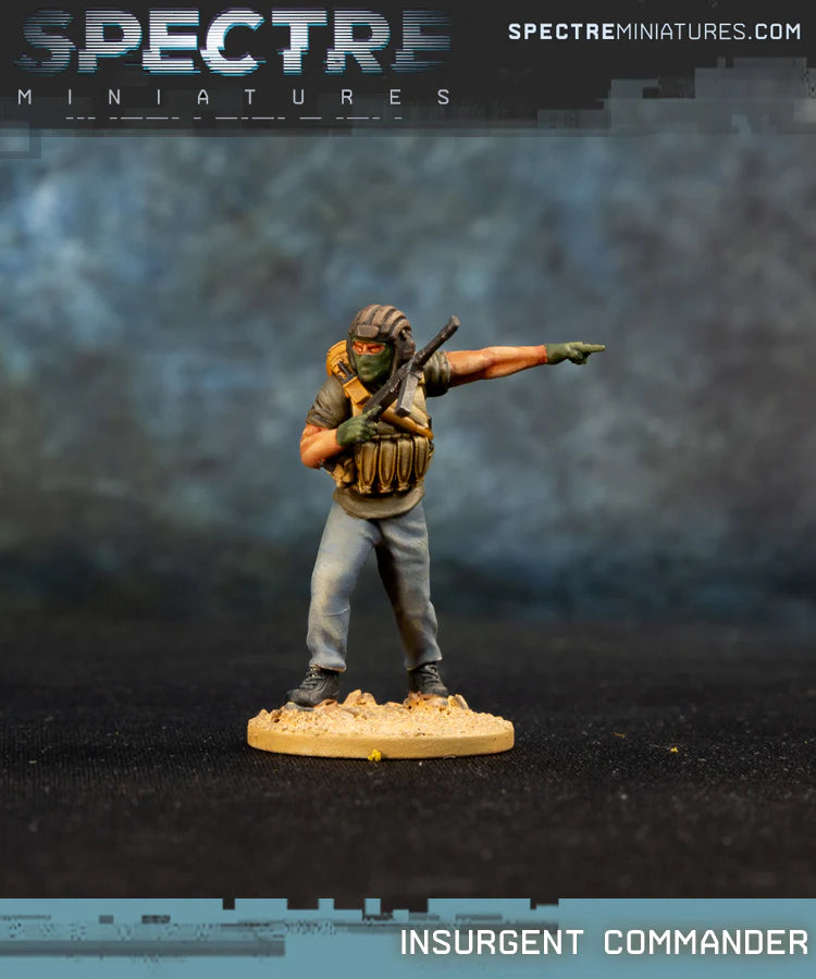 Insurgent Commander Spectre Miniatures – dowódca partyzantów z MP40 wskazujący kierunek natarcia, kamizelka i radio, 28mm widok z przodu
