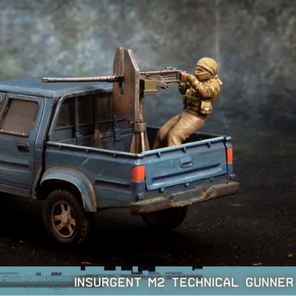 Insurgent M2 Technical Gunner Spectre Miniatures – partyzant przy karabinie M2 z prowizoryczną osłoną na skrzyni pickupa, 28mm widok z tyłu
