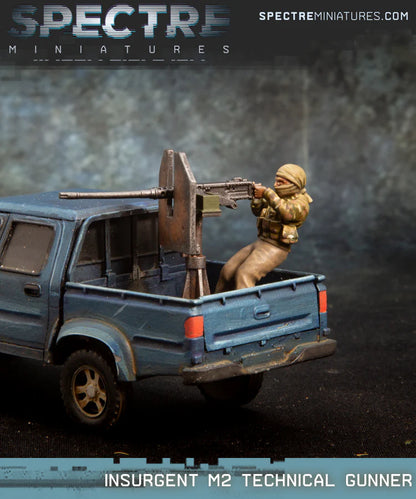 Insurgent M2 Technical Gunner Spectre Miniatures – partyzant przy karabinie M2 z prowizoryczną osłoną na skrzyni pickupa, 28mm widok z tyłu
