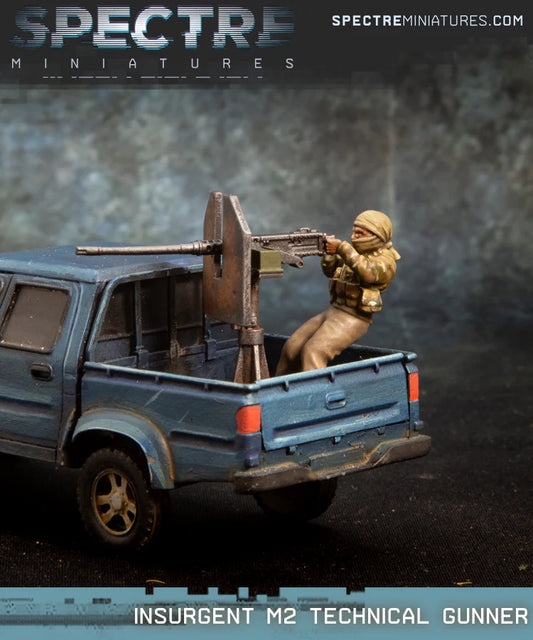 Insurgent M2 Technical Gunner Spectre Miniatures – partyzant przy karabinie M2 z prowizoryczną osłoną na skrzyni pickupa, 28mm widok z tyłu
