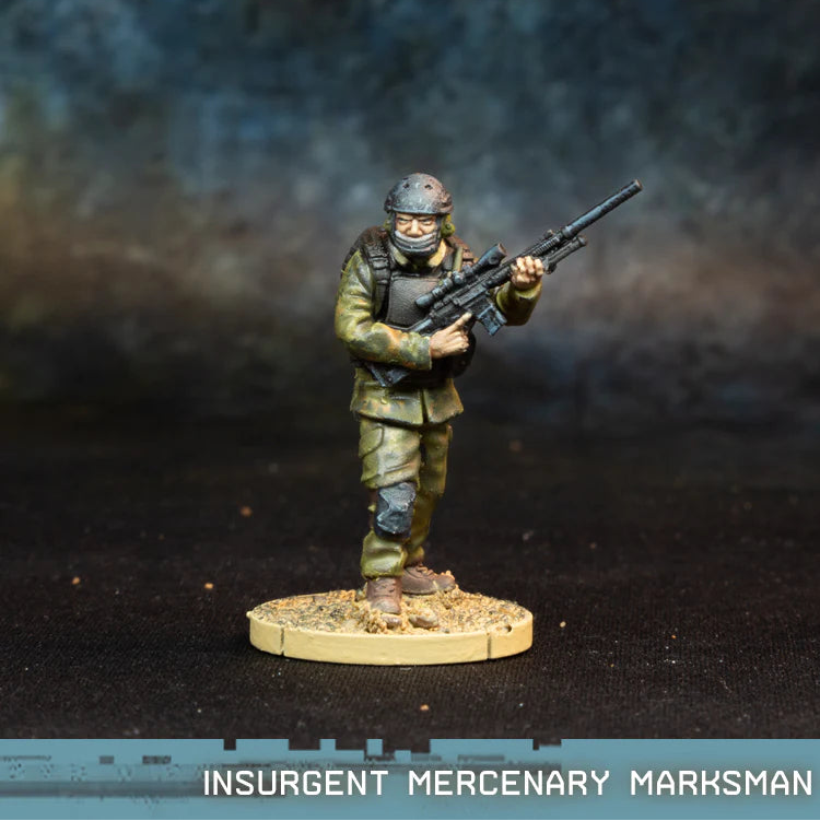 Insurgent Mercenary Marksman Spectre Miniatures – najemny strzelec wyborowy z karabinem M110 w kamuflażu, 28mm widok z przodu
