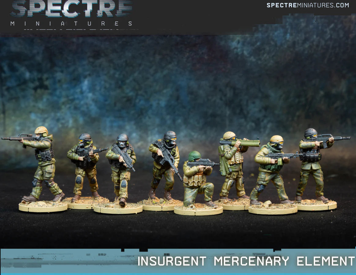 Insurgent Mercenary Element Spectre Miniatures – 8 najemników w mieszanym umundurowaniu z FN2000, G36, M249 i wyrzutniami LAW, 28mm widok z przodu
