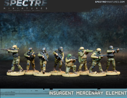 Insurgent Mercenary Element Spectre Miniatures – 8 najemników w mieszanym umundurowaniu z FN2000, G36, M249 i wyrzutniami LAW, 28mm widok z przodu
