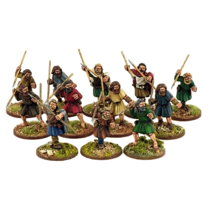 Irish Kerns – 12 pomalowanych metalowych figurek 28mm irlandzkiej piechoty lekkiej Levy z oszczepami na okrągłych podstawkach, SAGA, Gripping Beast
