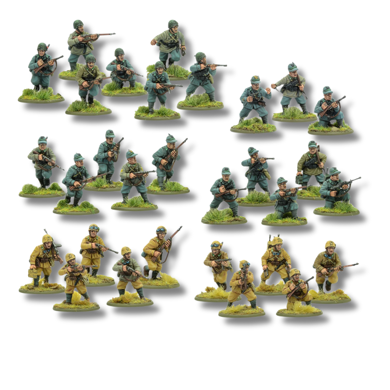 Italian Alpini Mountain Troops - Bolt Action 28mm - kompletny zestaw 30 pomalowanych figurek: 3 grupy w różnych mundurach (grigio-verde, szary, khaki pustynny) z charakterystycznymi czapkami alpejskimi z kruczymi piórami, karabiny Carcano i Beretta - podstawki górskie z trawą - Warlord Games
