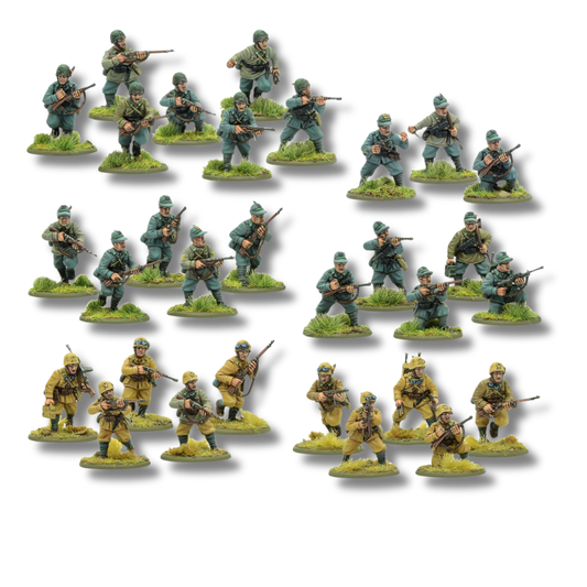 Italian Alpini Mountain Troops - Bolt Action 28mm - kompletny zestaw 30 pomalowanych figurek: 3 grupy w różnych mundurach (grigio-verde, szary, khaki pustynny) z charakterystycznymi czapkami alpejskimi z kruczymi piórami, karabiny Carcano i Beretta - podstawki górskie z trawą - Warlord Games