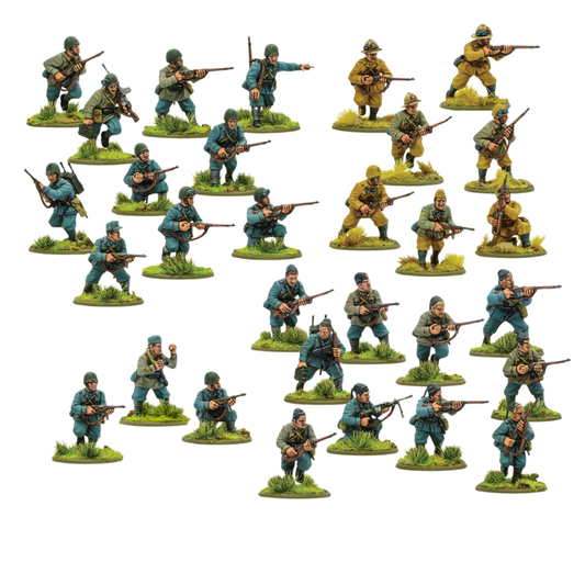 Italian Army & Blackshirts - Bolt Action 28mm - kompletny zestaw 30 pomalowanych figurek: regularna piechota w mundurach grigio-verde i M37, Camicie Nere w żółtych mundurach Sahariana z fezami, różne hełmy M33 i pith helmet, karabiny Carcano i Beretta - Warlord Games