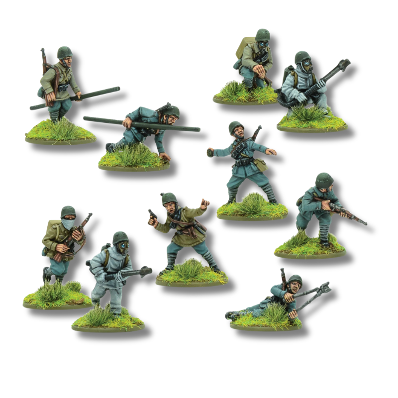 Italian Army Guastatori Destruction Group - Bolt Action 28mm - kompletny zestaw 10 pomalowanych figurek: NCO z pistoletem i karabinem, 2 dwuosobowe zespoły miotaczy ognia z maskami gazowymi, 2 inżynierów z torpedami bangalore, 3 inżynierów z karabinami - mundury grigio-verde i khaki - podstawki z trawą - Warlord Games
