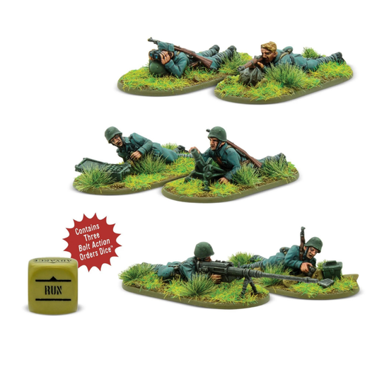 Italian Army Weapons Teams - Bolt Action 28mm - kompletny zestaw 6 pomalowanych figurek widok z przodu: zespół Solothurn przeciwpancerny (2 żołnierzy z karabinem na kołowym wózku), zespół snajperski (2 żołnierzy z Carcano Model 1891 i lornetką), zespół moździerza Brixia 45mm (2 żołnierzy z moździerzem) - mundury grigio-verde z hełmami stalowymi M33 - 3 kostki rozkazów RUN - podstawki z trawą - Warlord Games