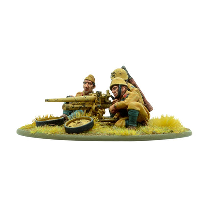 Italian Bersaglieri Elefantino 47mm anti-tank gun – dwuosobowa obsługa przy działku przeciwpancernym, figurki metalowe 28mm Bolt Action
