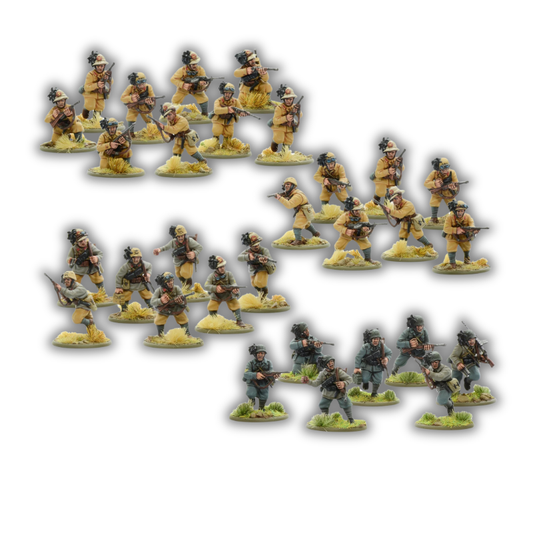 Italian Bersaglieri - Bolt Action 28mm - kompletny zestaw 30 pomalowanych figurek: 4 grupy w różnych mundurach (khaki pustynny, grigio-verde, szary) z charakterystycznymi czarnymi piórami głuszca na hełmach, karabiny Carcano i Beretta - podstawki pustynne - Warlord Games