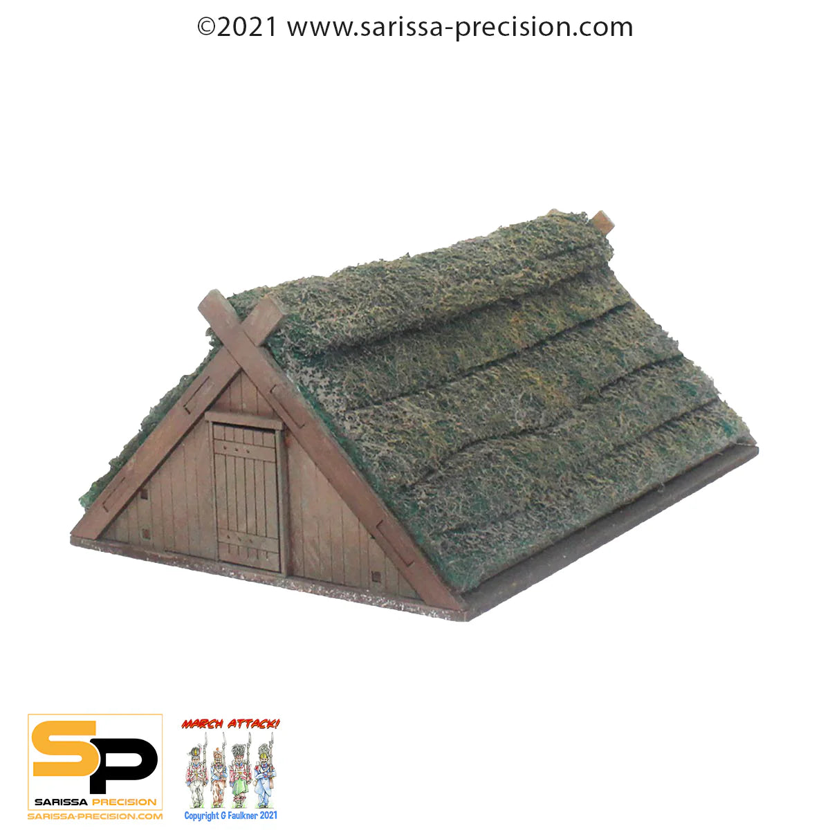 Viking Settlement J049 – zbliżenie na chatę A-frame J013: trójkątny dach kryty strzechą z mchem, drewniane drzwi z krzyżową belką, pomalowane MDF, 28mm Sarissa Precision
