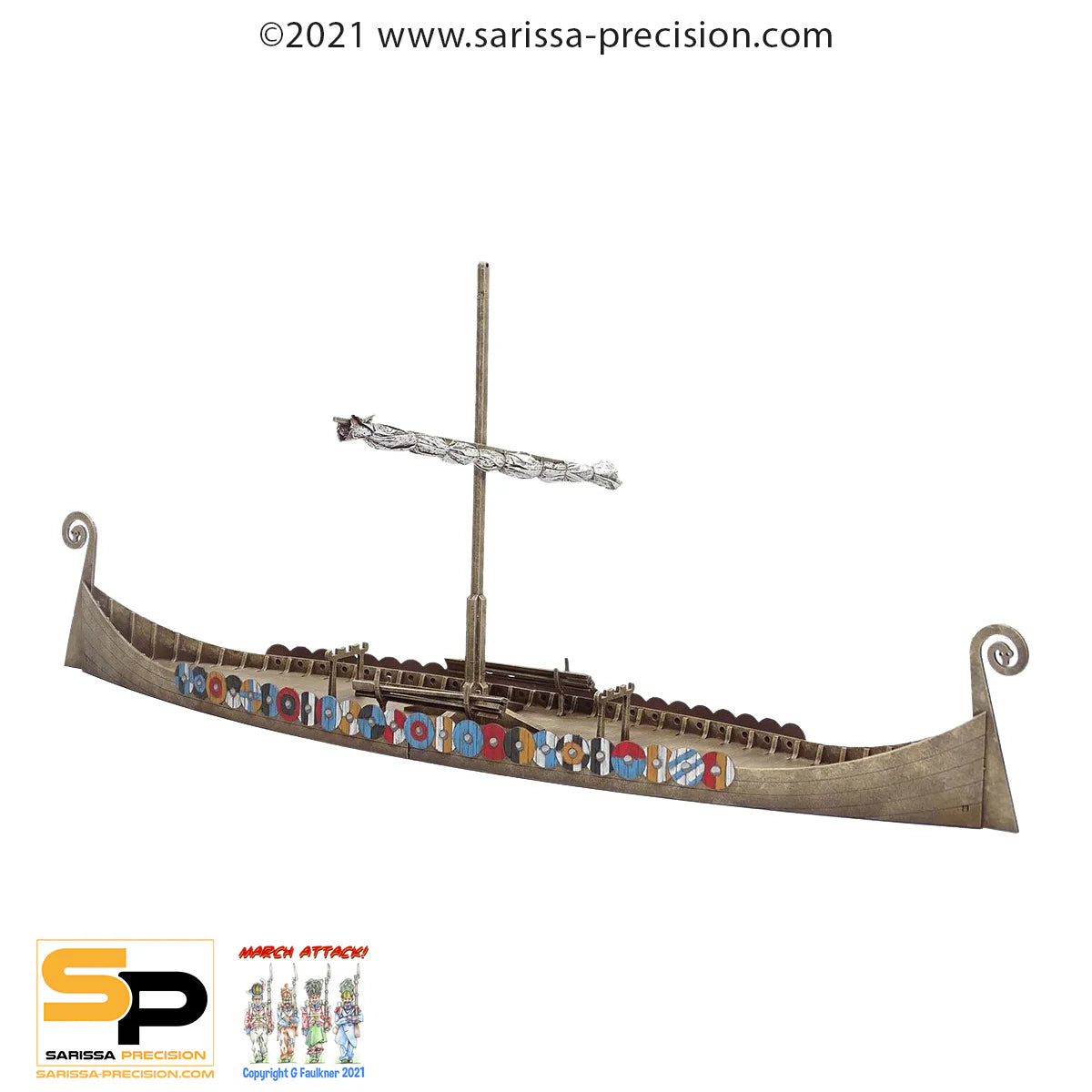 Viking Settlement J049 – zbliżenie na drakkar J023: długa łódź wikingów z masztem, zwiniętym żaglem i kolorowymi tarczami wzdłuż burty, pomalowane MDF, 28mm Sarissa Precision
