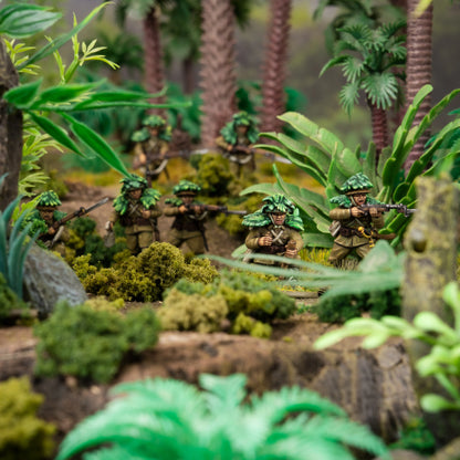 Bolt Action For the Emperor! 402616025 – pomalowana plastikowa sekcja 6 japońskich żołnierzy piechoty 28mm z liśćmi maskującymi na hełmach, w mundurach khaki, nacierający przez gęstą dżunglę z karabinami i granatem, Warlord Games
