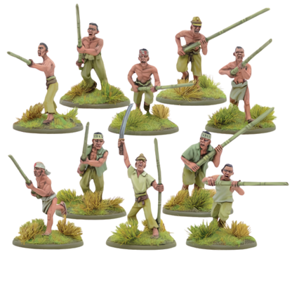Japanese Bamboo Spear Fighter Squad - Bolt Action 28mm - kompletny oddział 10 pomalowanych figurek: NCO i żołnierze z zaostrzonymi bambusowymi włóczniami w obdartych mundurach khaki - podstawki dżungli - skala 1/56 - Warlord Games