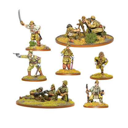 Japanese Support Group - Bolt Action 28mm - kompletny zestaw pomalowanych figurek: oficer z mieczem, oficer Kempei-tei z pistoletem, medyk, zespół Type 97 moździerza, zespół Type 92 MMG - mundury khaki z podstawkami dżungli - Warlord Games