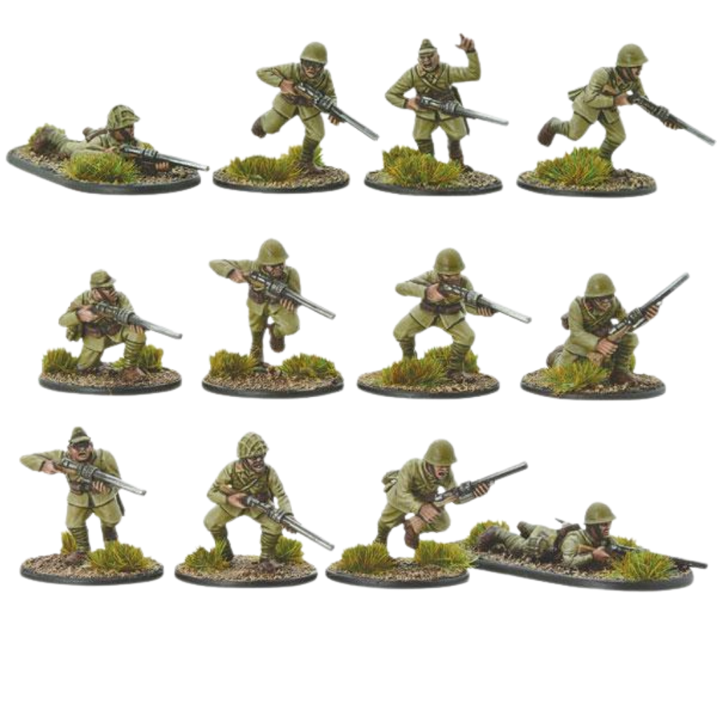 Japońska Piechota z Karabinami Kompresyjnymi – 12 figurek 28mm widok z przodu, różne pozy bojowe, Konflikt '47 Warlord Games 452211201

