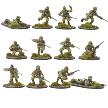 Japońska Piechota z Karabinami Kompresyjnymi – 12 figurek 28mm widok z przodu, różne pozy bojowe, Konflikt '47 Warlord Games 452211201
