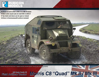 Morris C8 Quad Mk II Mk III Rubicon Models – okładka pudełka 1:56, model oliwkowy 182 na błotnistej drodze, 280114