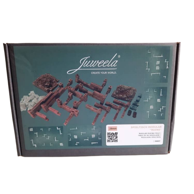 Juweela 25037 Modular Playing Table Ruins 28mm - pudełko zestawu modułowych ruin z elementami widok izometryczny ciemne tło
