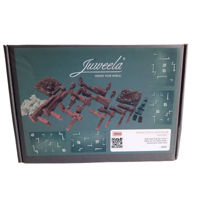 Juweela 25037 Modular Playing Table Ruins 28mm - pudełko zestawu modułowych ruin z elementami widok izometryczny ciemne tło
