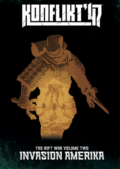 Konflikt '47 Invasion Amerika – okładka książki The Rift War Volume Two: sylwetka japońskiego żołnierza w zbroi wspomaganej z mieczem na czarnym tle z pomarańczową poświatą Riftu, logo Konflikt '47 i napis Invasion Amerika