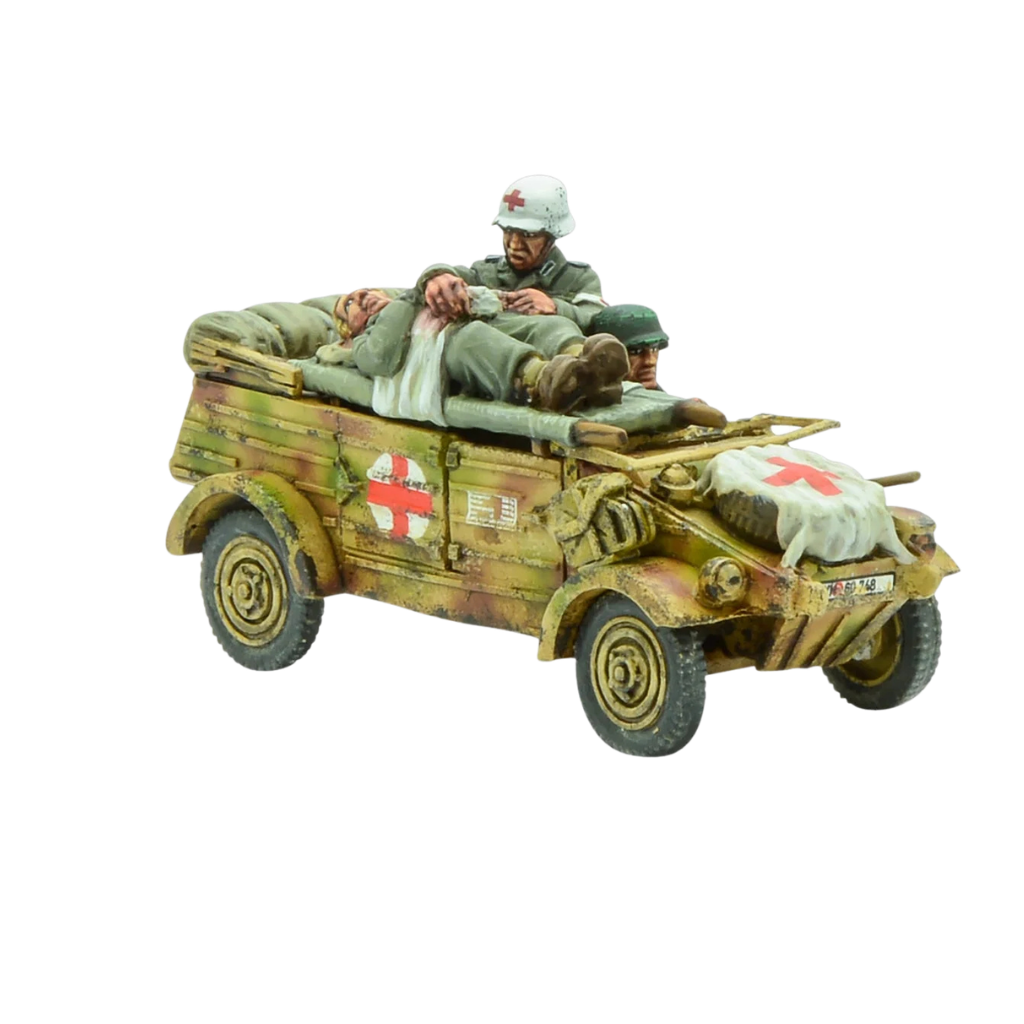 Kübelwagen Ambulance – model żywica+metal 28mm, sanitariusz przy rannym, widok z przodu i lewej strony, Bolt Action Warlord Games
