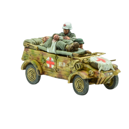 Kübelwagen Ambulance – model żywica+metal 28mm, sanitariusz przy rannym, widok z przodu i lewej strony, Bolt Action Warlord Games
