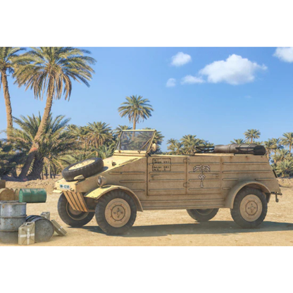 Kübelwagen Type 82 – okładka pudełka, model 28mm piaskowy Afryka Północna z palmami, 280072