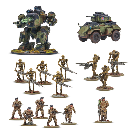 Konflikt '47 British Commonwealth Starter Army 452600603 – grupowe zdjęcie wszystkich pomalowanych modeli zestawu: Percival Assault Walker z Działem Tesli M17, Humber Mk VII, 5 Mk I Automated Infantry, 3 Mk II Heavy Automated Infantry i 5 Galahad Armoured Infantry, białe tło, 28mm Warlord Games
