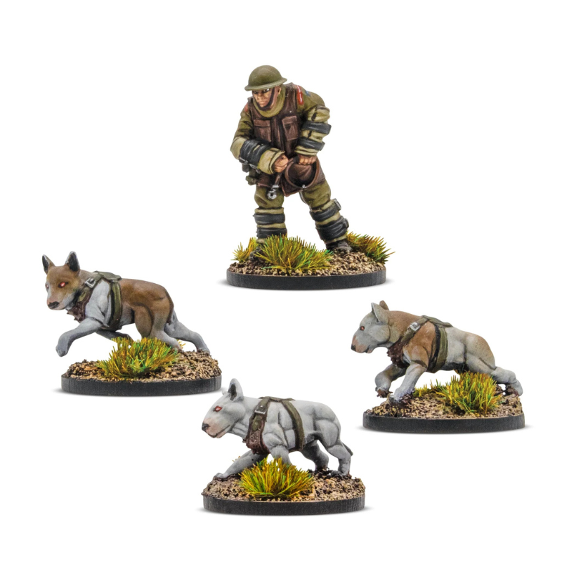 Konflikt '47 Cerberus Squad 453010608 – 4 pomalowane metalowe figurki: przewodnik w hełmie Brodie i mundurze oliwkowym z brązową kamizelką, pochylony w gotowości bojowej, oraz 3 psy bojowe Cerberus w szarych uprzężach – lis/owczarek w biegu i dwa buldogi w ataku, okrągłe podstawki z trawą, 28mm Warlord Games
