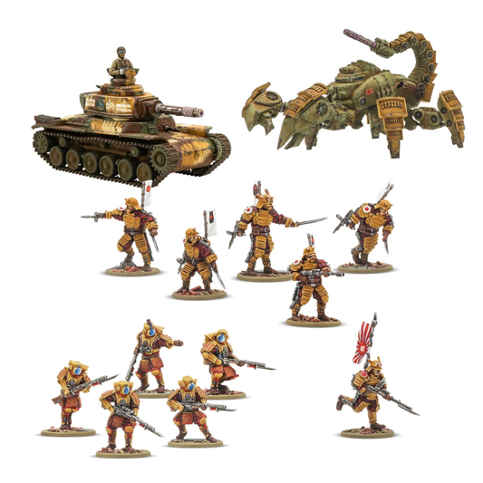 Konflikt '47 Empire of Japan Starter Army 452601203 – zawartość zestawu: pomalowane figurki żywiczne w złoto-brązowej zbroi samurajskiej z czerwonymi akcentami – Platoon Commander z mieczem, 5 Assault-Frame Armoured Infantry, 5 Ghost Attack Infantry z karabinami Shiboru i flagami, Type 7 Sasori Light Walker w kamuflażu oliwkowym i Type 97-Kai Chi-Ha Medium Tank, białe tło, 28mm Warlord Games
