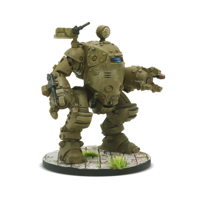 Konflikt '47 Guardian Light Walker 452600604 – pomalowany model lekkiego walkera Commonwealth w kolorze piaskowo-oliwkowym, widok z przodu lewej strony: MMG na ramieniu, sferyczny sensor na głowie, niebieski wizjer, dynamiczna poza ataku, podstawka z brukiem i trawą, 28mm Warlord Games
