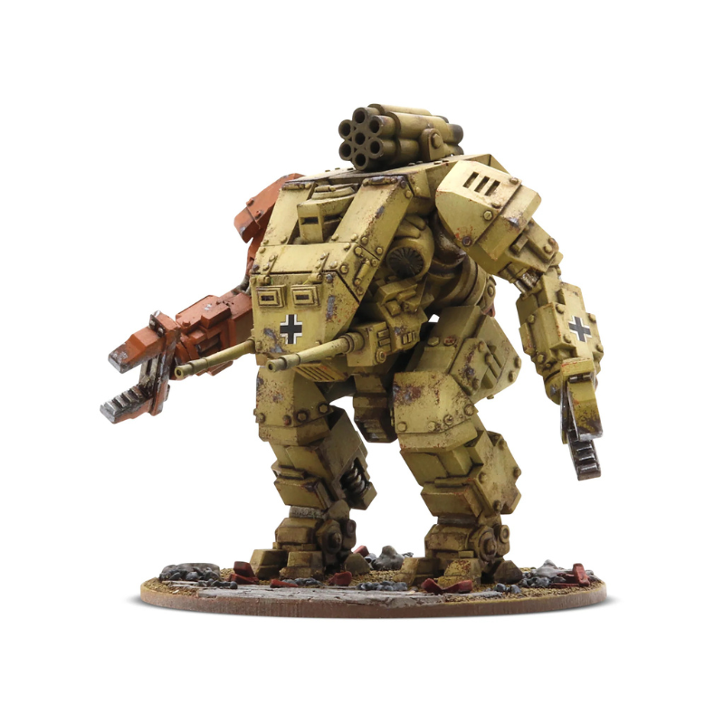 Konflikt '47 Heuschrecke Medium Panzermech 452600202 – pomalowany żywiczno-metalowy mech Axis w żółto-piaskowym kamuflażu pustynnym z wyrzutnią rakiet na plecach, pomarańczowo-rdzawym ramieniem z działem przeciwpancernym i chwytakiem, krzyż żelazny na klatce piersiowej, widok z przodu pod kątem, 28mm Konflikt '47 Warlord Games
