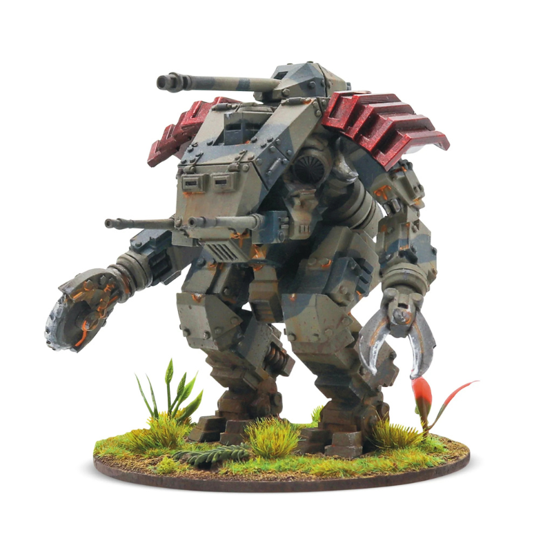 Konflikt '47 Inago Medium Walker 452601201 – pomalowany model żywiczno-metalowy średniego walkera Imperium Japonii w kamuflażu oliwkowo-szarym z czerwonymi panelami wyrzutni rakiet na plecach: działo czołgowe na wieżyczce, bliźniacze działko na lewym ramieniu, szczypce chwytaka na prawym ramieniu, dynamiczna poza kroku, podstawka z trawą i roślinami, białe tło, 28mm Warlord Games

