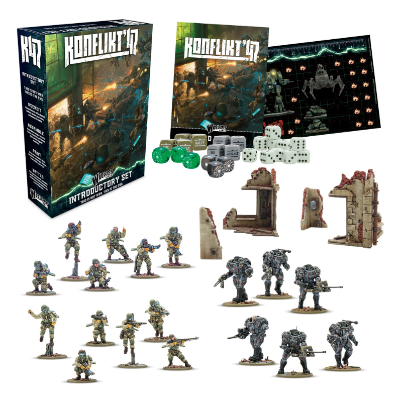 Konflikt '47 Introductory Set 452610008 – zawartość zestawu: pudełko, mata do gry, żetony, kości, ruiny, 12 figurek Firefly USA w zielonym kamuflażu i 6 figurek Stahltruppen Axis w szarej zbroi wspomaganej, 28mm Warlord Games
