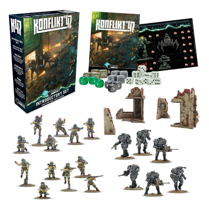 Konflikt '47 Introductory Set 452610008 – zawartość zestawu: pudełko, mata do gry, żetony, kości, ruiny, 12 figurek Firefly USA w zielonym kamuflażu i 6 figurek Stahltruppen Axis w szarej zbroi wspomaganej, 28mm Warlord Games
