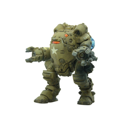 Konflikt '47 Jackal Light Walker 452600402 – pomalowany model lekkiego walkera USA w kamuflażu piaskowo-oliwkowym, widok z przodu prawej strony, biała gwiazda na piersi i flaga USA na ramieniu, 28mm Warlord Games
