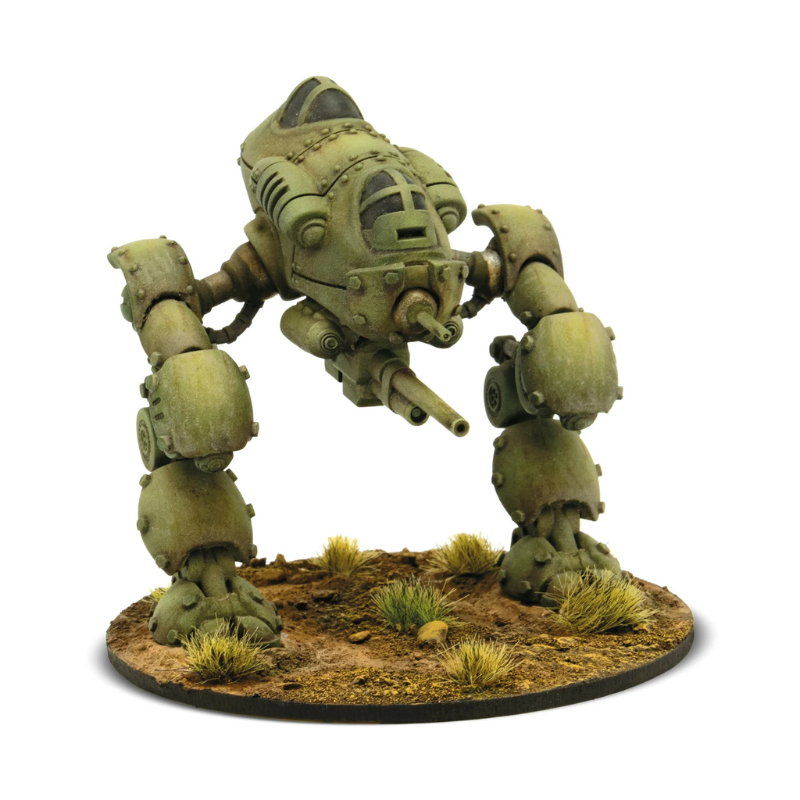 Konflikt '47 Kazak Light Walker 452600801 – pomalowany żywiczno-metalowy lekki walker Sowietów w oliwkowo-żółtym kamuflażu pustynnym z działem przeciwpancernym w prawym ramieniu i chwytakiem w lewym, pochylony do przodu w pozie szarży, widok z przodu pod kątem, okrągła podstawka z trawą, 28mm Konflikt '47 Warlord Games
