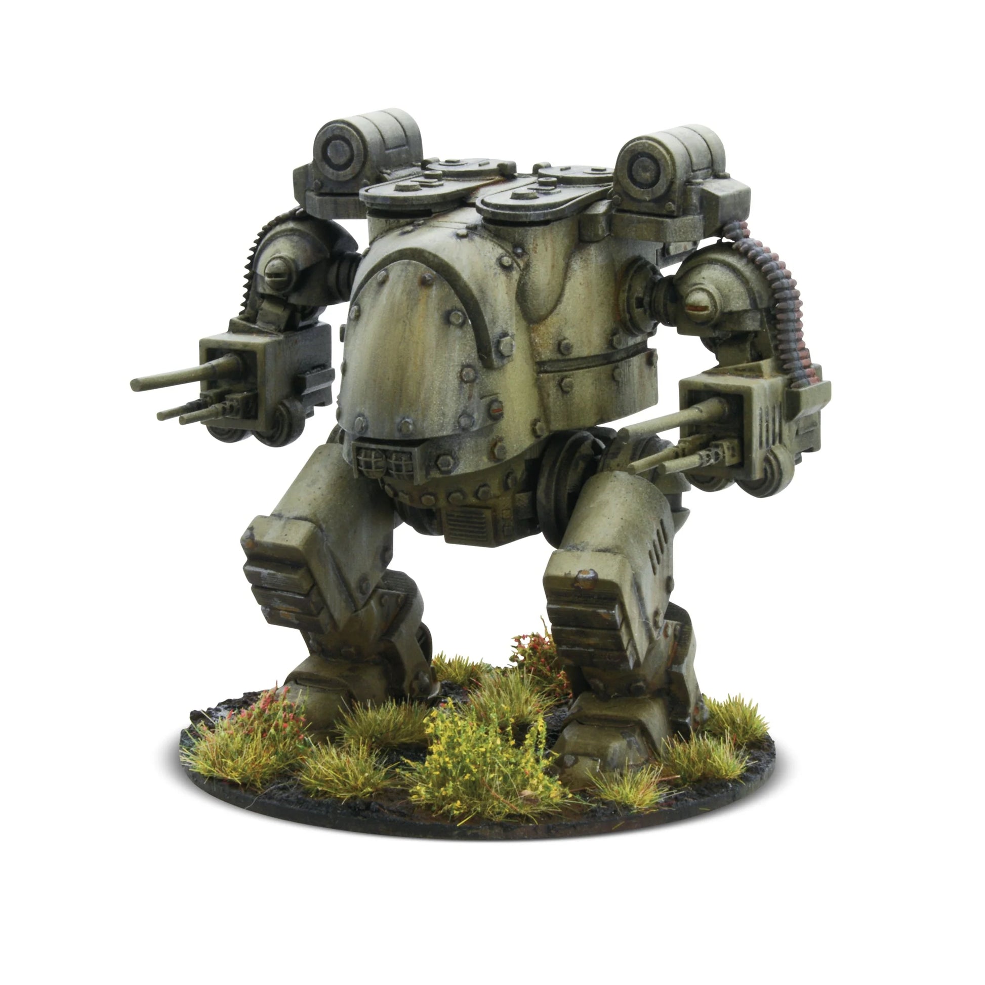 Konflikt '47 Kodiak Close Assault Walker 452600401 – pomalowany model walkera szturmowego USA w kamuflażu oliwkowym, wariant z bliźniaczymi działkami automatycznymi i MMG, widok z przodu prawej strony, podstawka z trawą, 28mm Warlord Games
