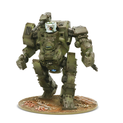 Konflikt '47 Merlin Heavy Walker 452600602 – pomalowany model ciężkiego walkera Commonwealth w kamuflażu oliwkowym, widok z przodu: działo przeciwpancerne 3" na ramieniu z białą głowicą systemu Guinevere, bliźniacze HMG na lewym ramieniu, niebieski reaktor Riftu na klatce piersiowej, podstawka z gruzem, 28mm Warlord Games
