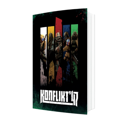 Konflikt '47 Mini-rulebook - miękka okładka książki pod kątem z czarnym tłem z ilustracją pięciu żołnierzy różnych frakcji w pancerzach i maskach (biały, żółty, czerwony, niebieski, zielony panel) z napisem Konflikt '47 - Warlord Games 4110000002 - warlordgames.com
