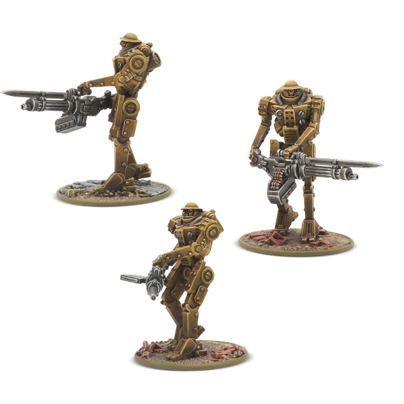Konflikt '47 Mk II Heavy Automated Infantry Squad 452410610 – 3 pomalowane figurki żywicznych ciężkich robotów-żołnierzy Commonwealth w hełmach Brodie, złoto-oliwkowy kolor pancerza, masywniejsza budowa niż Mk I: dwa z Lekkimi Działkami Automatycznymi i jeden z Ciężkim Działkiem Automatycznym z bagnetem, różne pozy bojowe, okrągłe podstawki z gruzem, 28mm Warlord Games
